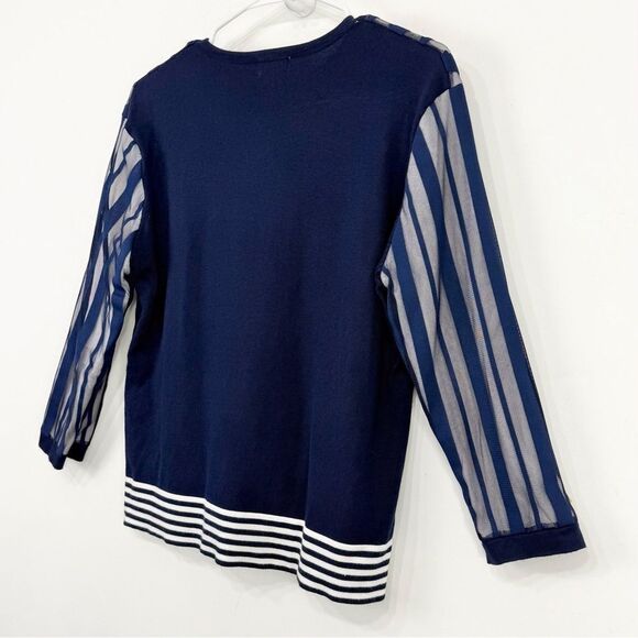 YAL NY Navy Blue White Mesh Overlay Striped Knit Nautical Pullover Top - Picture 8 of 16